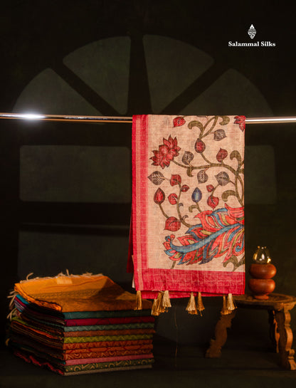 Beautiful Multicolour Checks Fancy Cotton Mix Saree With Contrast Kalamkari Blouse