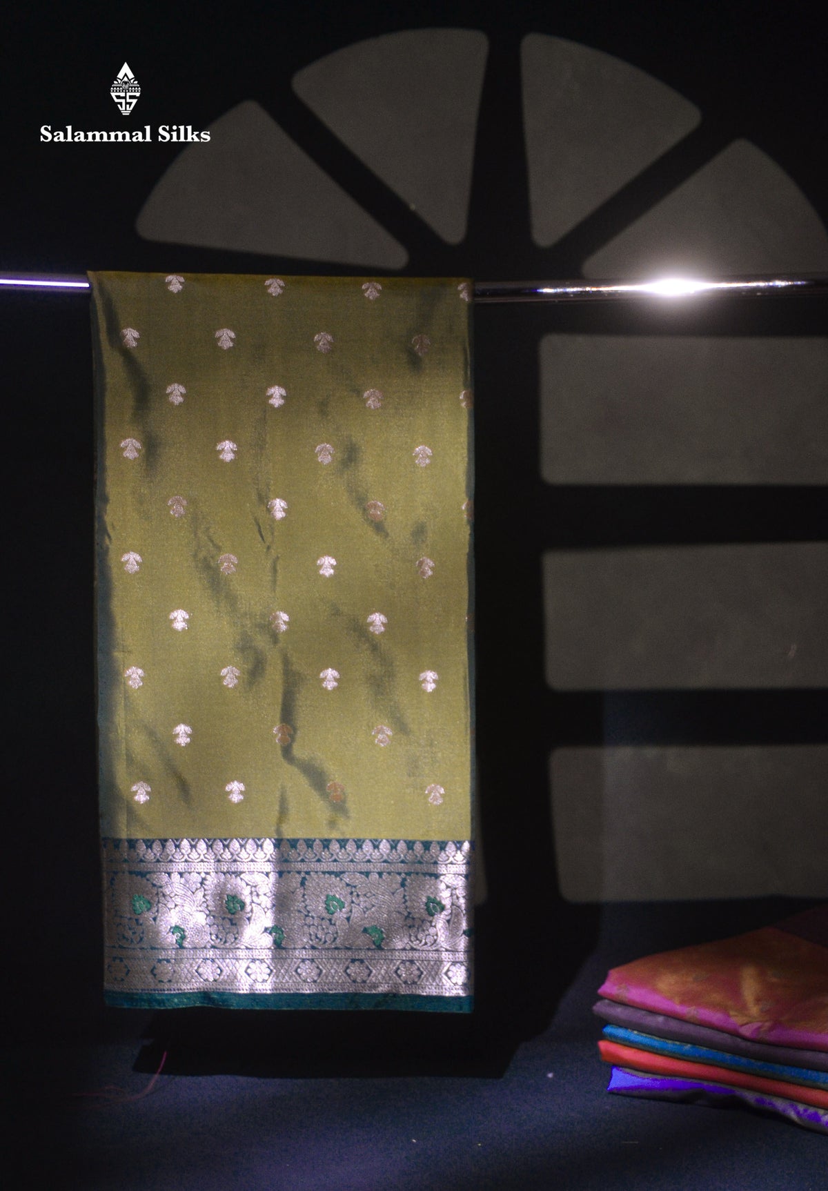 Beautiful Olive Green Semi Silk Saree With Contrast Peacock Blue Traditional Border