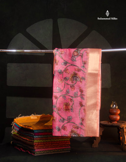 Pink Chanderi Mixed Cotton Saree With Contrast Orange Blouse