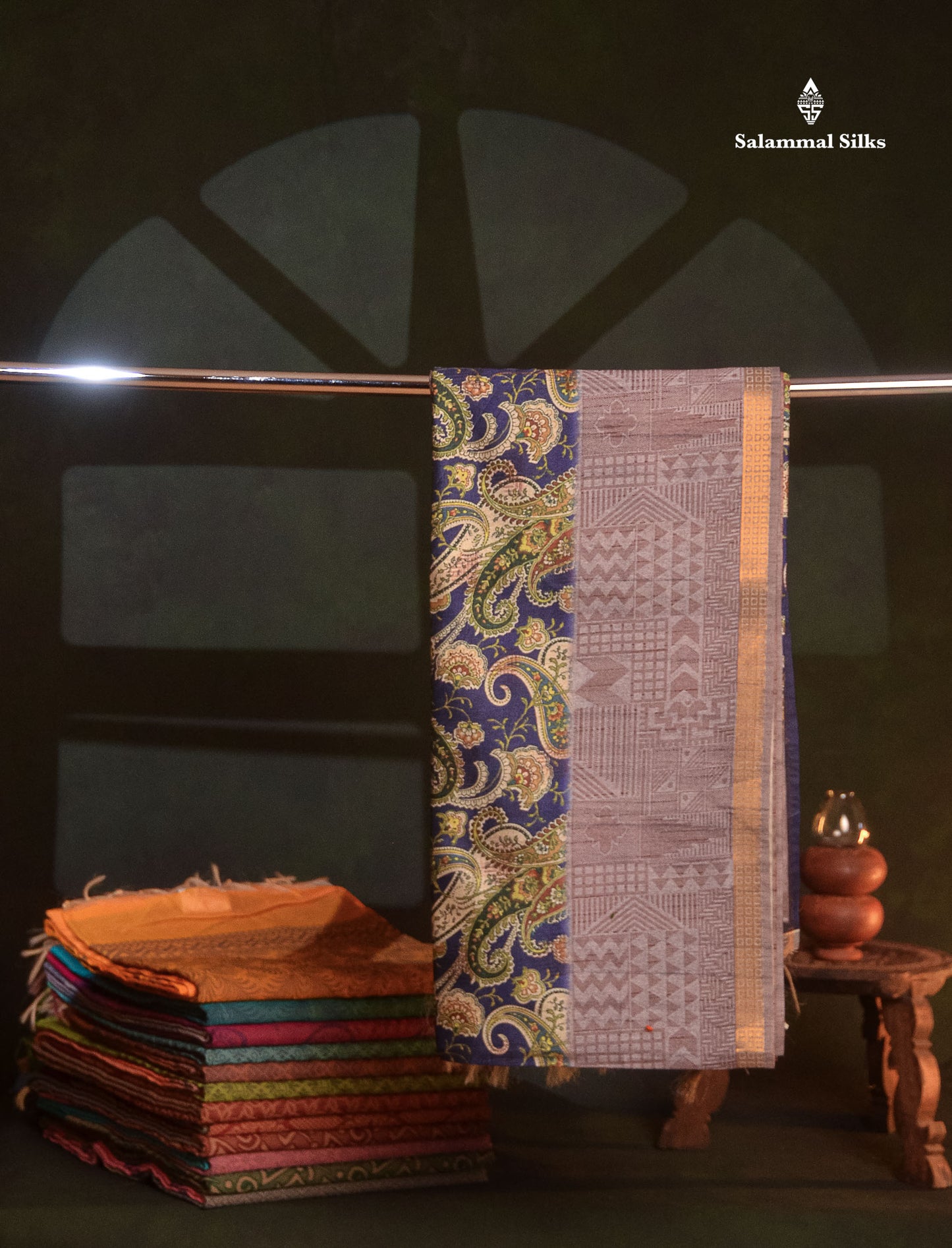 Beautiful Dual Tone Navy Blue Kalamkari Semi Tussar Saree With Contrast Light Grey Fancy Border