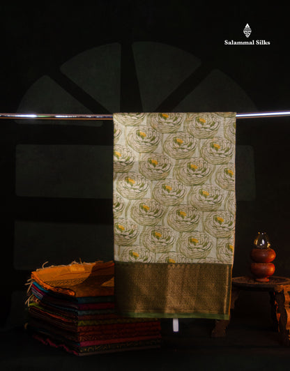 Light Green Chanderi Mixed Cotton Saree With Contrast Army Green Border