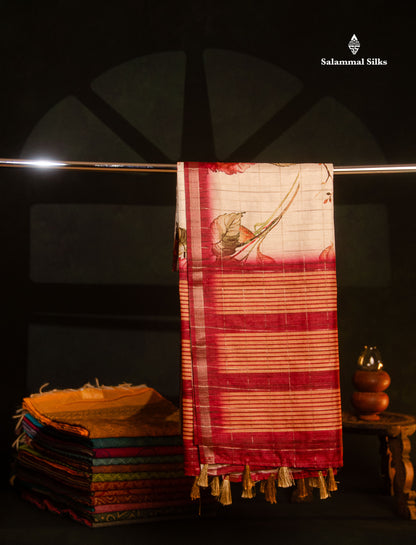 Beautiful Half White Checks With Floral Design Semi Tussar Saree With Contrast Maroon Blouse