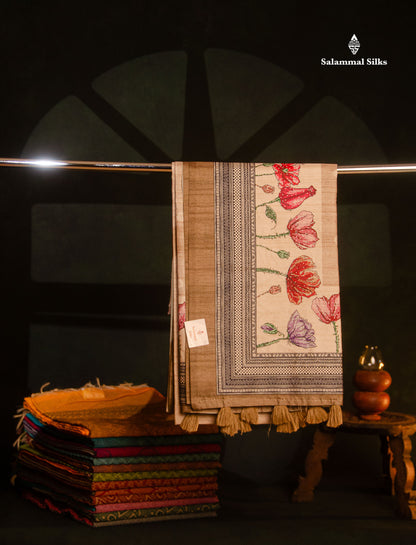 Beautiful Sandal Printed Semi Tussar Saree With Fancy Border