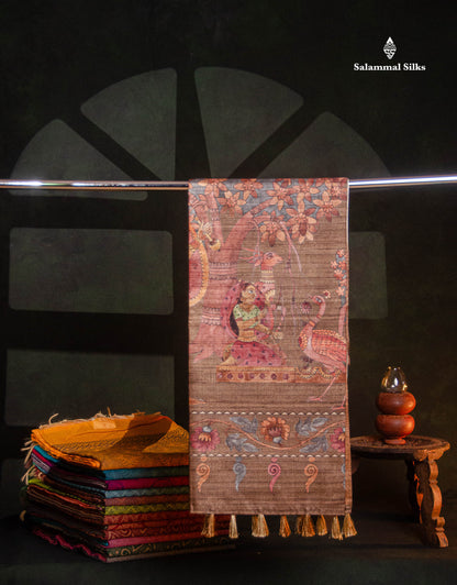 Beautiful Light Grey Semi Tussar Saree With Contrast Brown Floral Design Blouse