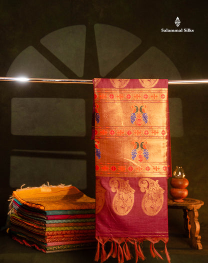 Beautiful Magenta Menakari Work With Zari Butta Konkan Semi Silk Saree With Traditional Border