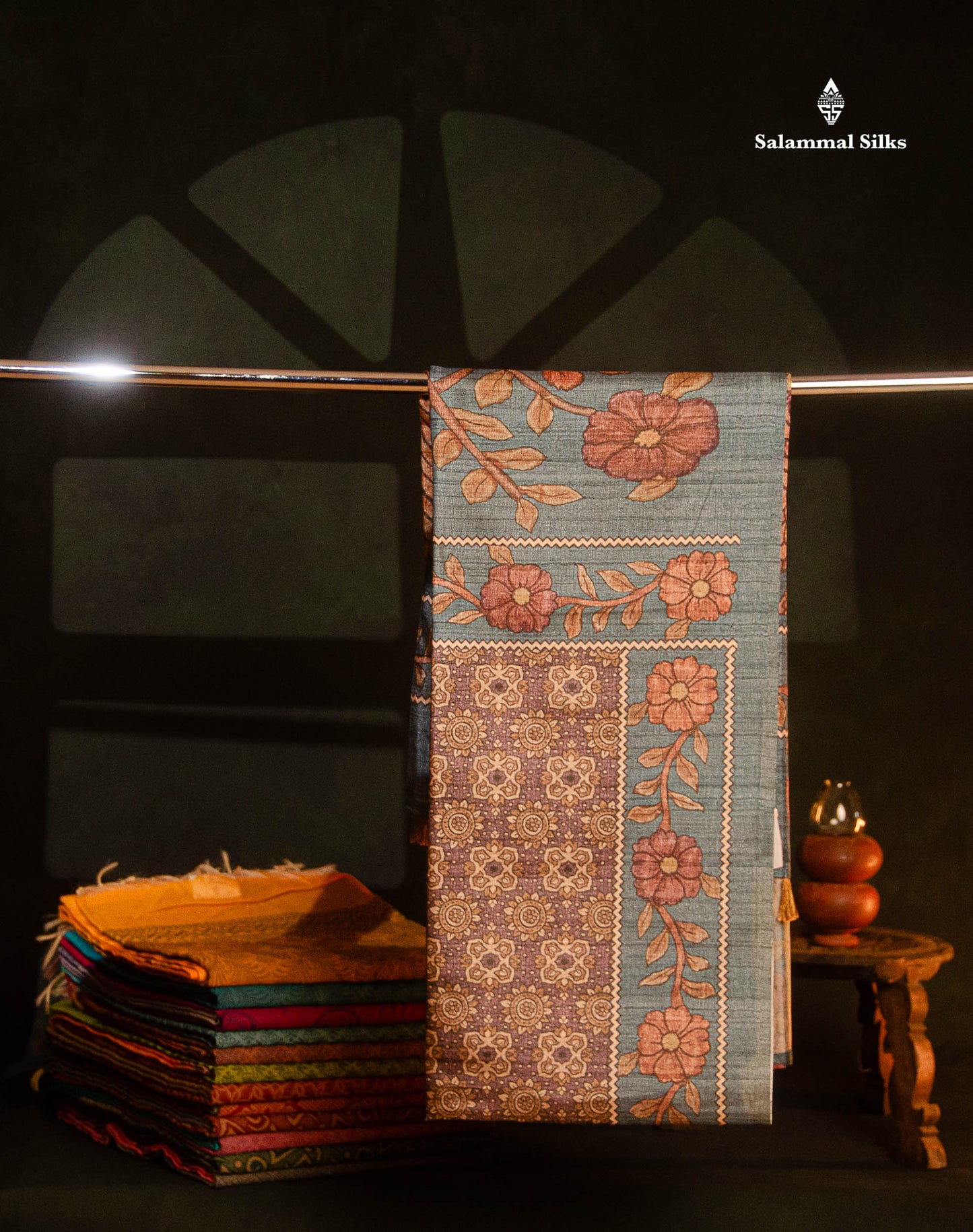 Purple Colour Semi Tussar Ajrah Kalamkari Print Saree With Contrast Pista Green Border