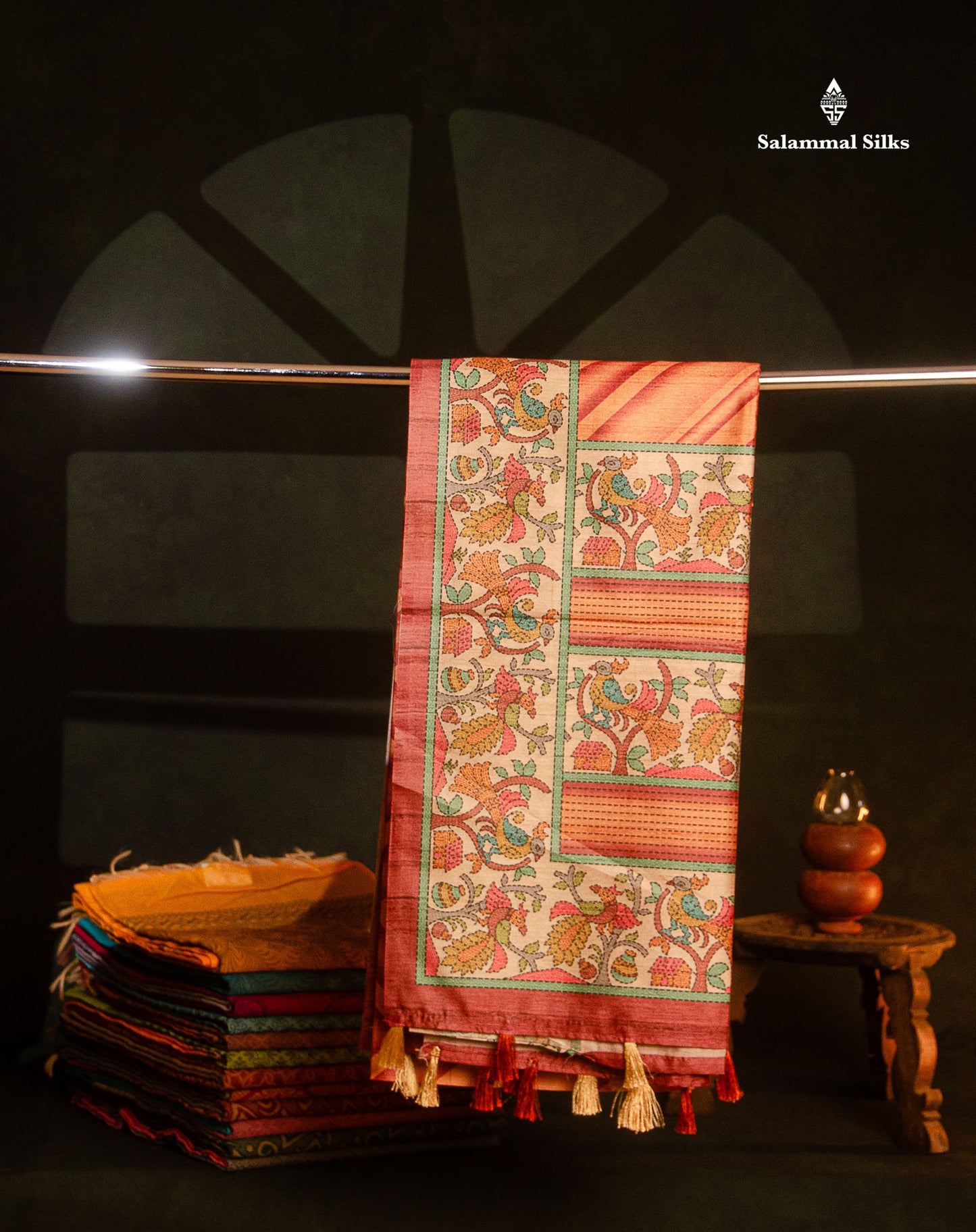 Beautiful Peach Wave Design Fancy Semi Tussar Saree With Contrast Light Maroon Blouse