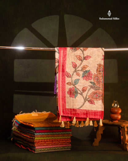 Beautiful Multicolour Checks Fancy Cotton Mix Saree With Contrast Kalamkari Blouse