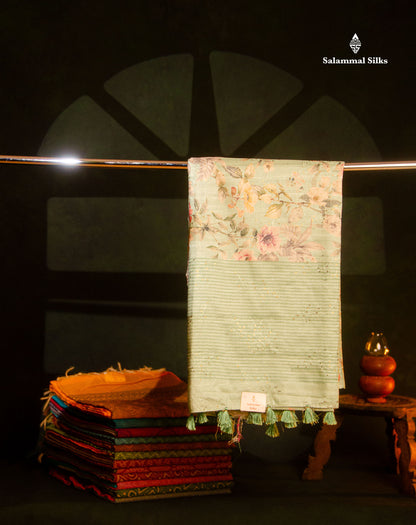 Cream Green Pure Fancy Tussar Saree With Floral Print Blouse