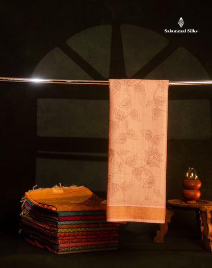 Beautiful Light Copper Colour Floral Design Cotton Mix Fancy Saree With Contrast Brown Kalamkari Blouse