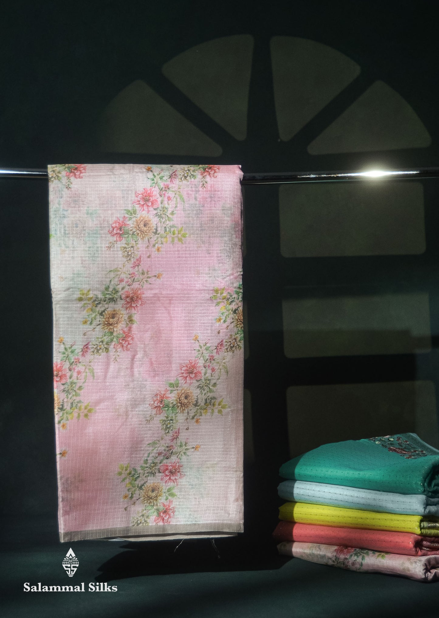 Beautiful Multicolour Floral Design Kota Cotton Mix Fancy Saree With Contrast Bottle Green Blouse