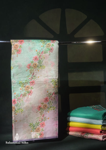 Beautiful Multicolour Floral Design Kota Cotton Mix Fancy Saree With Contrast Bottle Green Blouse