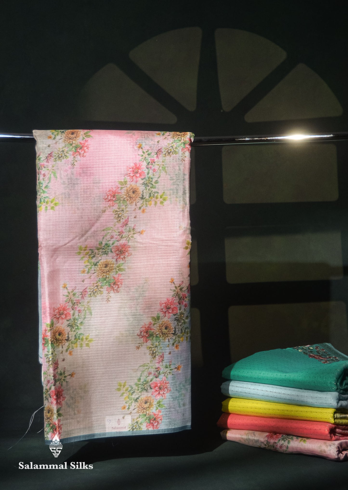 Beautiful Multicolour Floral Design Kota Cotton Mix Fancy Saree With Contrast Bottle Green Blouse