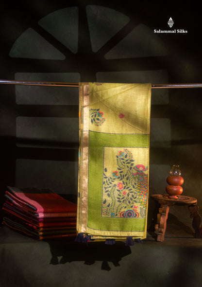 Beautiful Dark Peach Menakari Work Butta Muga Cotton Saree With Blouse