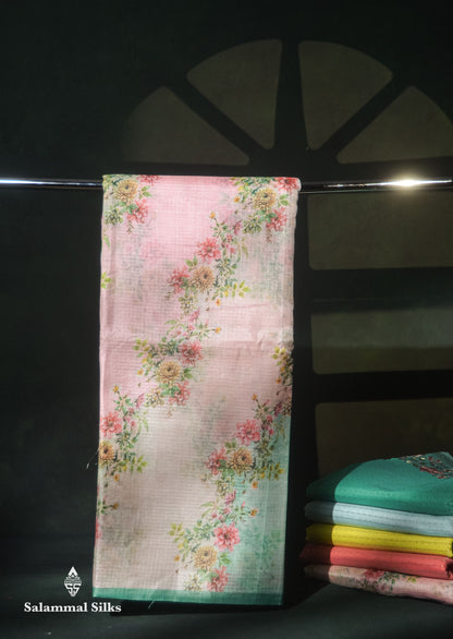 Beautiful Multicolour Floral Design Kota Cotton Mix Fancy Saree With Contrast Bottle Green Blouse