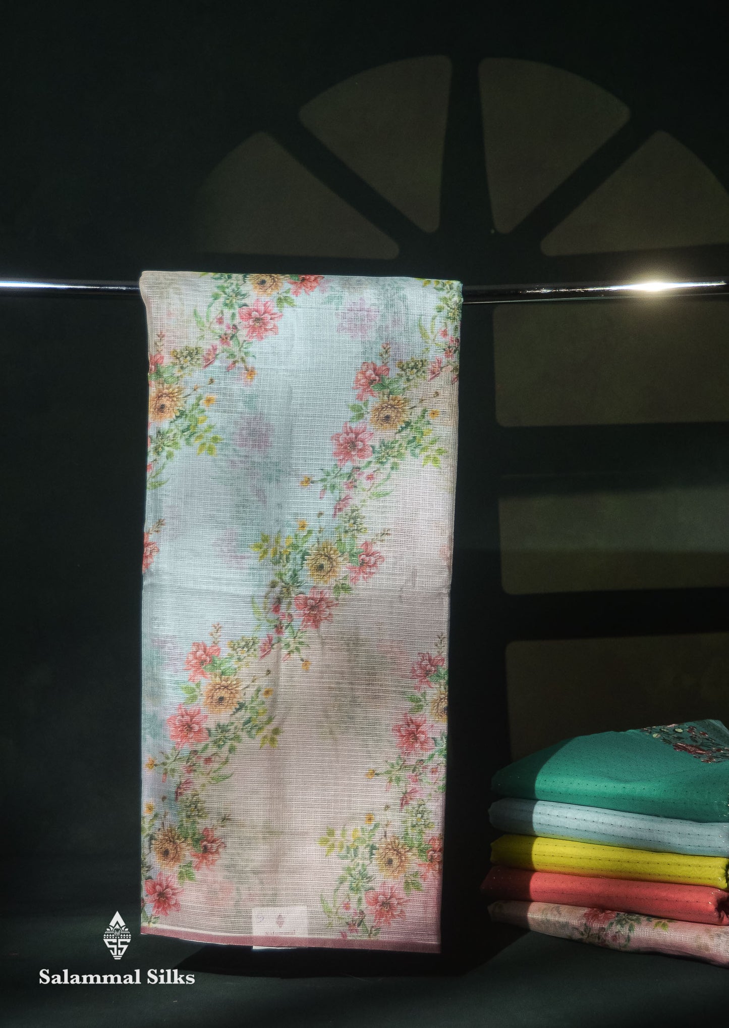 Beautiful Multicolour Floral Design Kota Cotton Mix Fancy Saree With Contrast Bottle Green Blouse