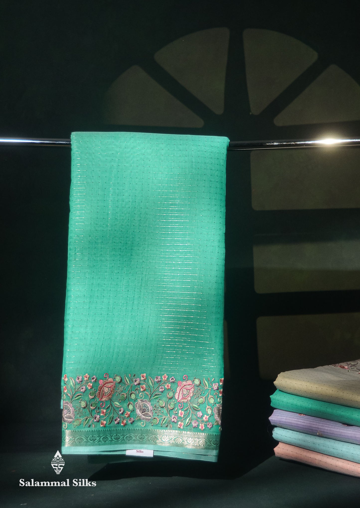 Beautiful Pastel Blue Zari Lines Cotton Mix Fancy Saree With Embroidery Floral Design & Small Zari Border