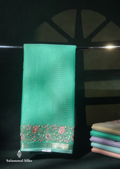 Beautiful Pastel Blue Zari Lines Cotton Mix Fancy Saree With Embroidery Floral Design & Small Zari Border