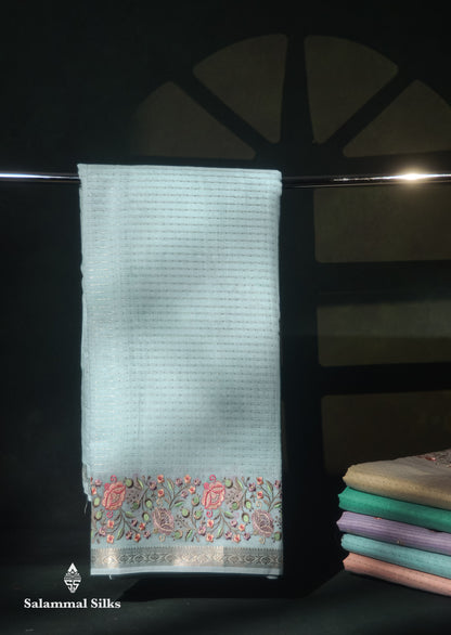 Beautiful Pastel Blue Zari Lines Cotton Mix Fancy Saree With Embroidery Floral Design & Small Zari Border