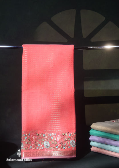 Beautiful Pastel Blue Zari Lines Cotton Mix Fancy Saree With Embroidery Floral Design & Small Zari Border
