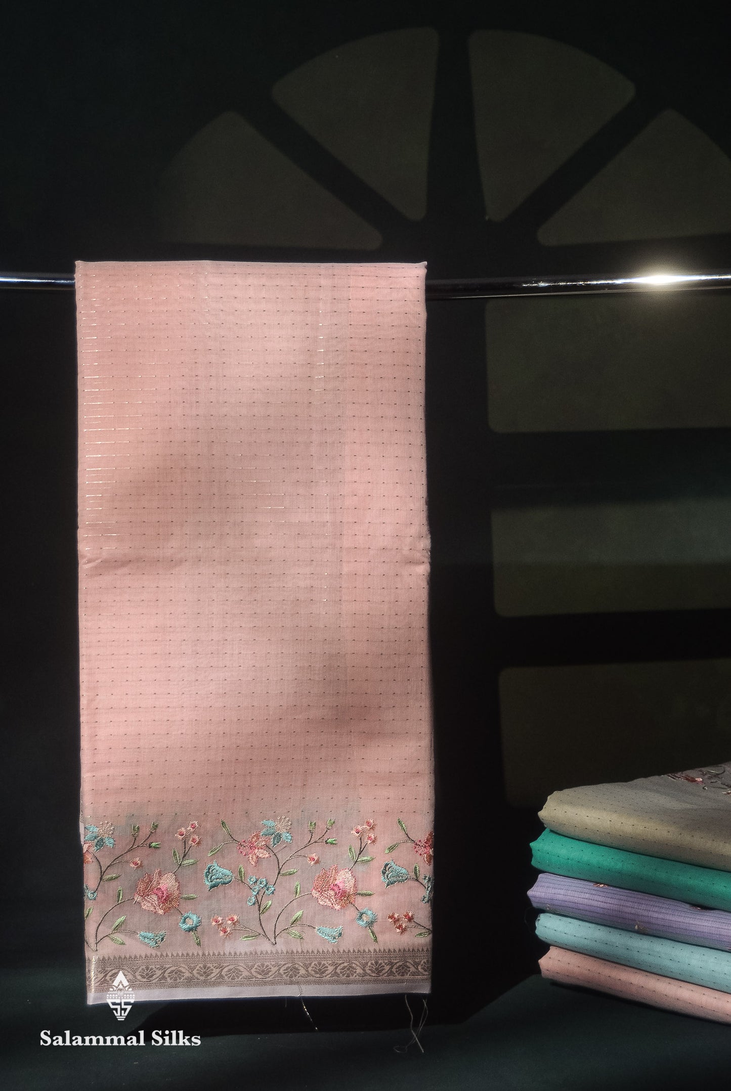 Beautiful Light Pink Zari Lines Cotton Mix Fancy Saree With Embroidery Floral Design & Small Zari Border