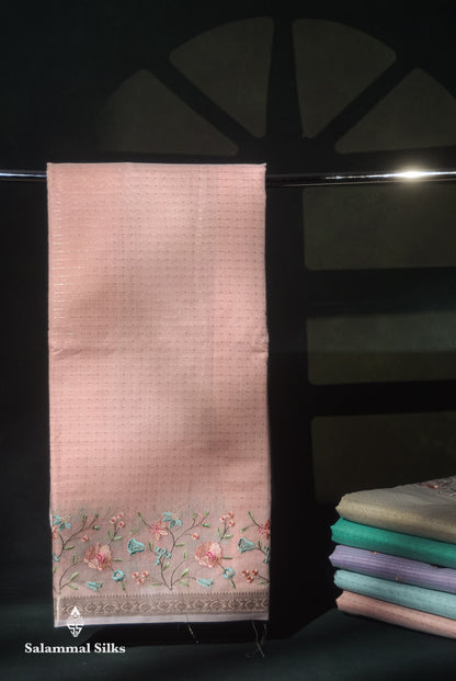 Beautiful Light Pink Zari Lines Cotton Mix Fancy Saree With Embroidery Floral Design & Small Zari Border