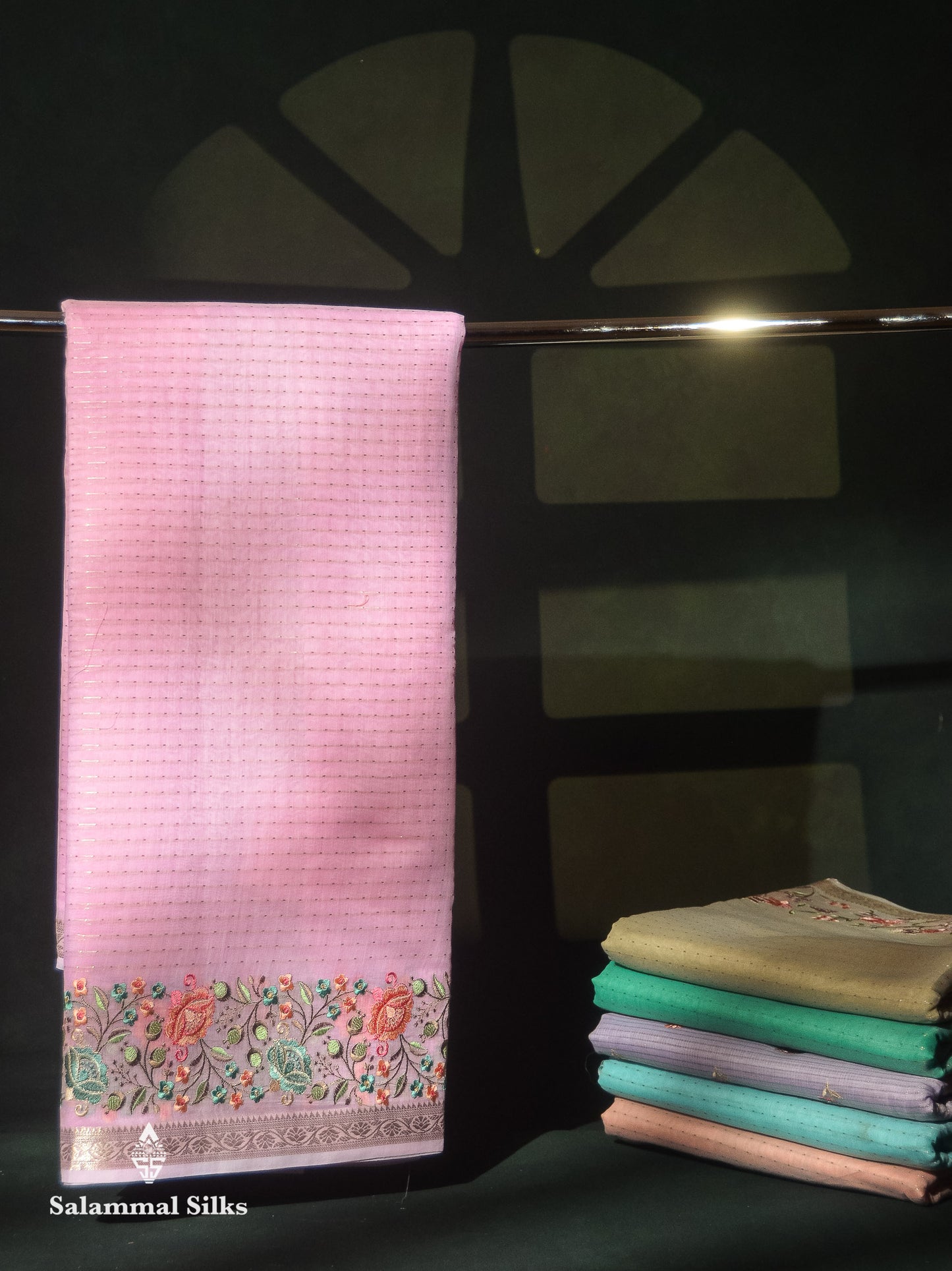 Beautiful Pastel Blue Zari Lines Cotton Mix Fancy Saree With Embroidery Floral Design & Small Zari Border