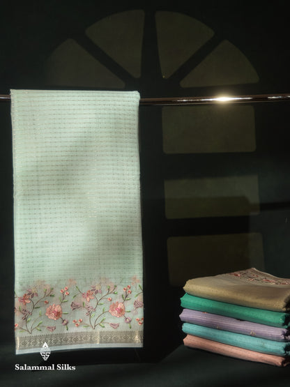 Beautiful Light Pink Zari Lines Cotton Mix Fancy Saree With Embroidery Floral Design & Small Zari Border