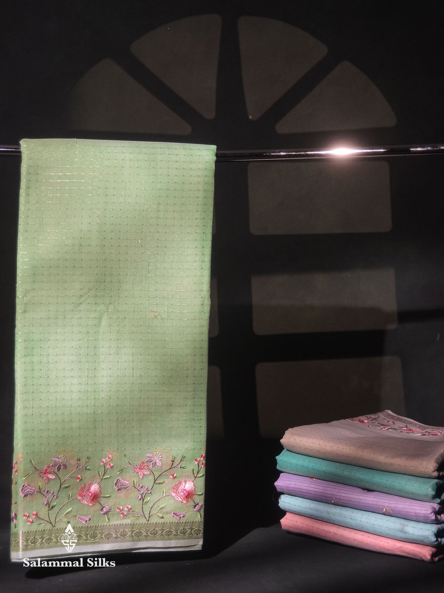 Beautiful Light Pink Zari Lines Cotton Mix Fancy Saree With Embroidery Floral Design & Small Zari Border