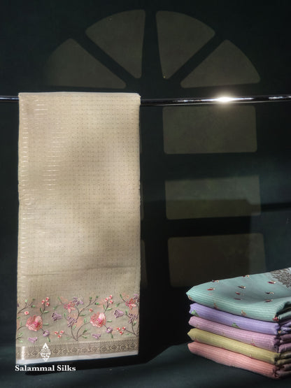 Beautiful Light Pink Zari Lines Cotton Mix Fancy Saree With Embroidery Floral Design & Small Zari Border