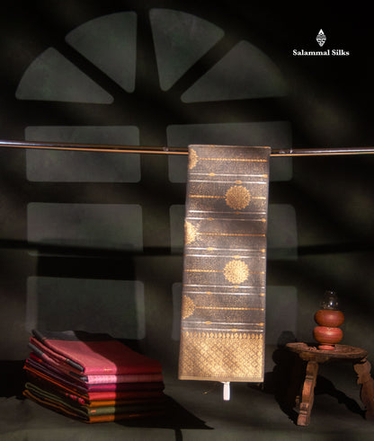 Grey Beautiful Fancy Saree Gold Silver Zari Lines With Gold Zari Border