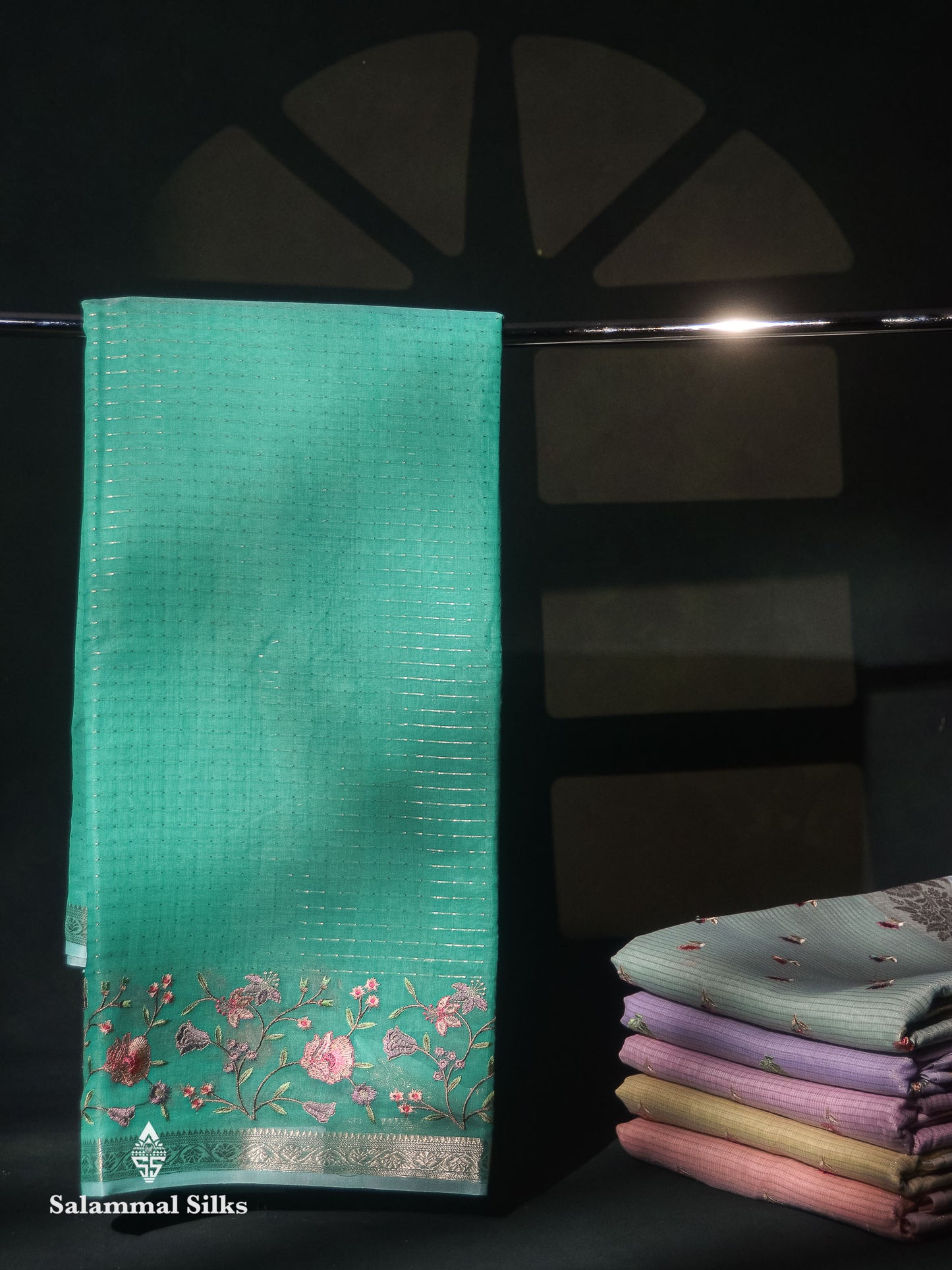 Beautiful Light Pink Zari Lines Cotton Mix Fancy Saree With Embroidery Floral Design & Small Zari Border