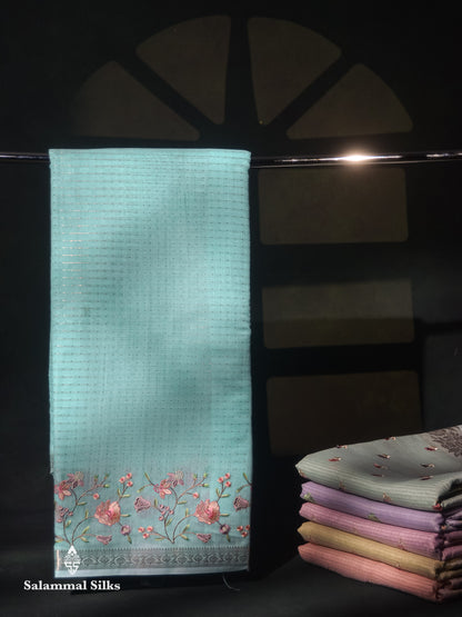 Beautiful Light Pink Zari Lines Cotton Mix Fancy Saree With Embroidery Floral Design & Small Zari Border