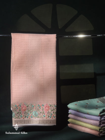 Beautiful Pastel Blue Zari Lines Cotton Mix Fancy Saree With Embroidery Floral Design & Small Zari Border