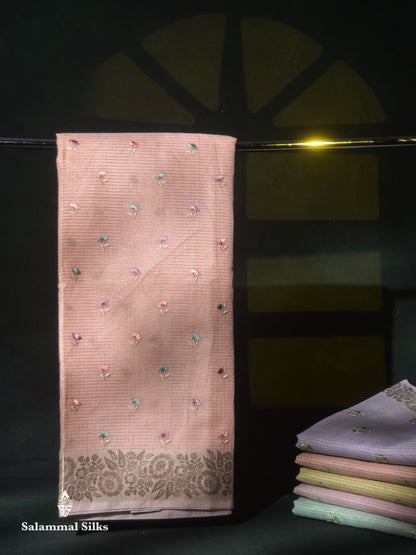 Beautiful Lavender Embroidery Floral Design Kota Cotton  Mix Saree With Fancy Border
