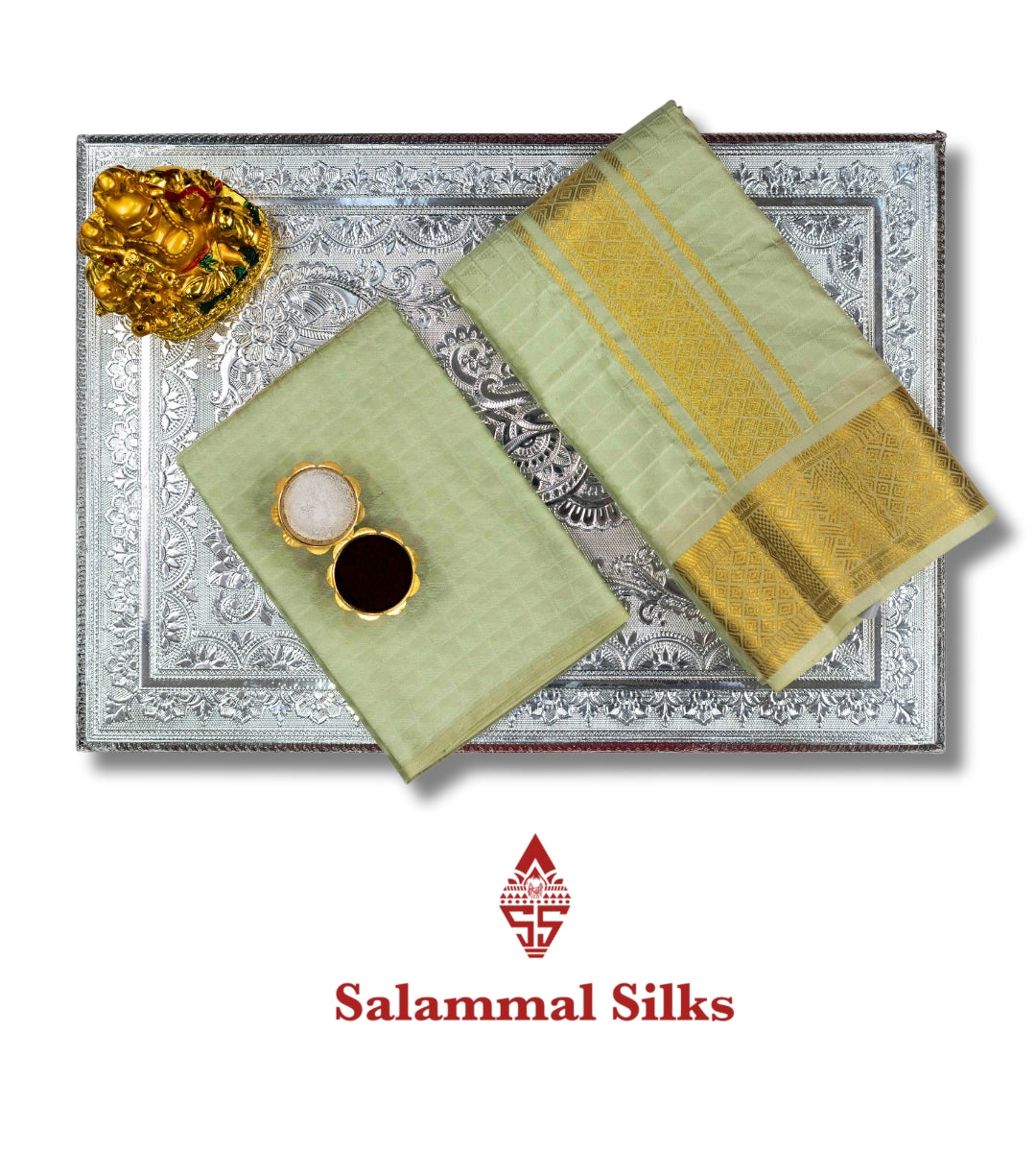 Elachi Green Semi Silk Dhoti, Angavastram & Shirt (2.50M) with Gold Zari Border