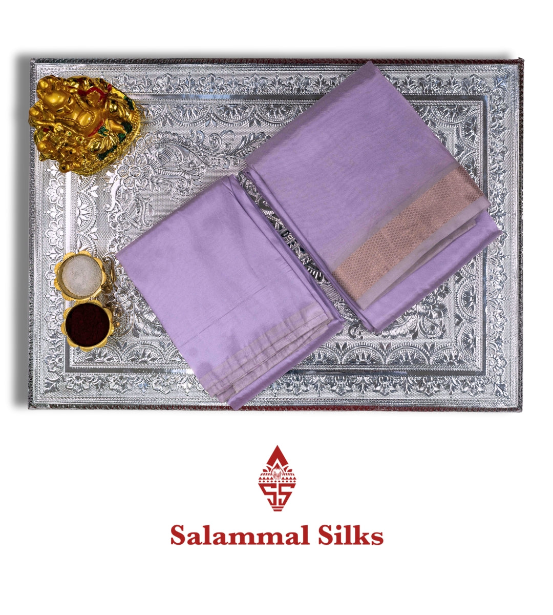 Light Lavender Semi Silk Dhoti, Angavastram & Shirt (2.50M) with Copper Border