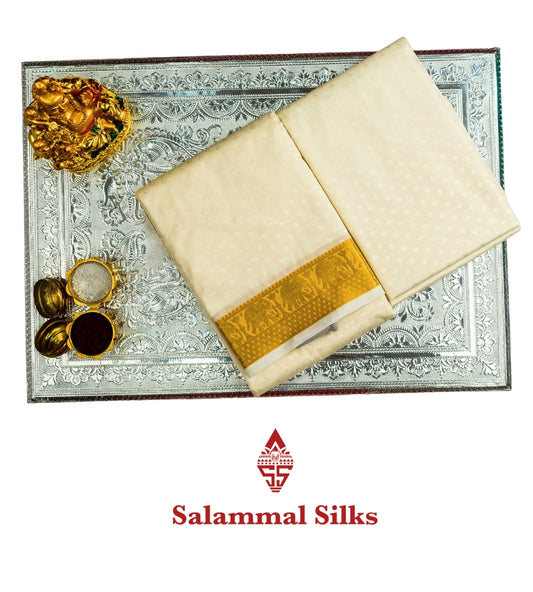 White Semi Silk Dhoti, Angavastram & Shirt (2.50M) with Gold Zari Border