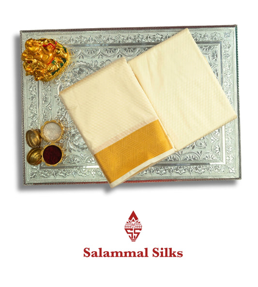 White Semi Silk Dhoti, Angavastram & Shirt (2.50M) with Gold Zari Border