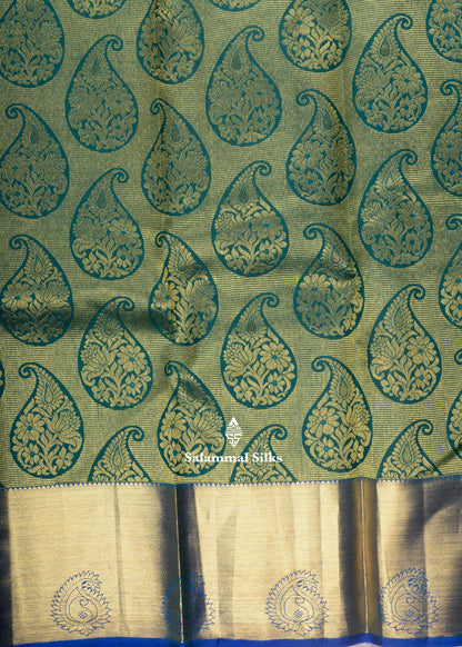 Kanjivaram Green Pure Silk Jacquard Saree With Ink Blue  Blouse