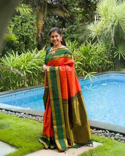 Orange Veldhari Zari Checks Kanjivaram Silk Saree With Contrast Bottle Green Traditional Rettapet Border