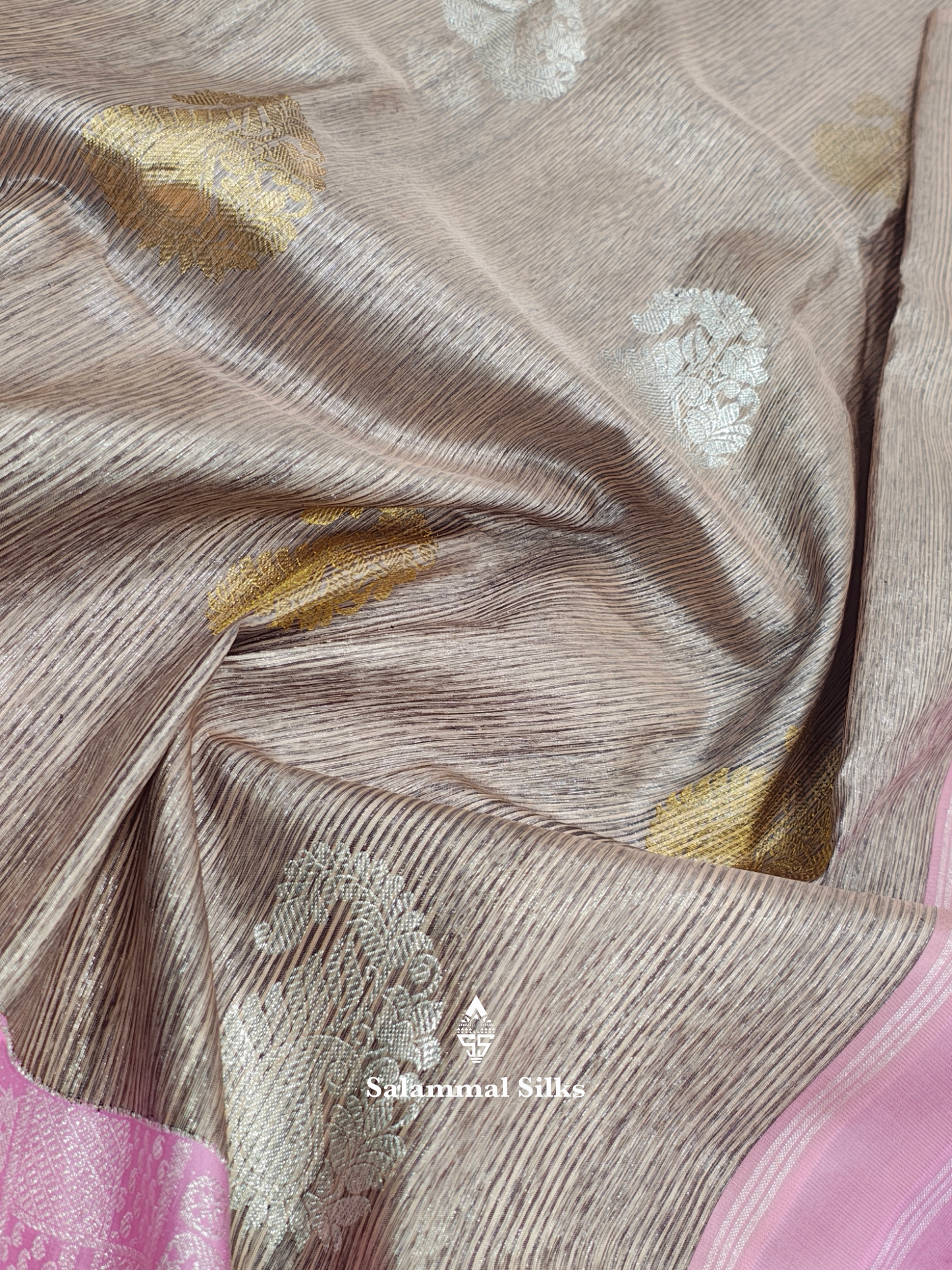 Kanjivaram Korvai Peach Brown Pure Silk Saree With One Side Baby Pink Border