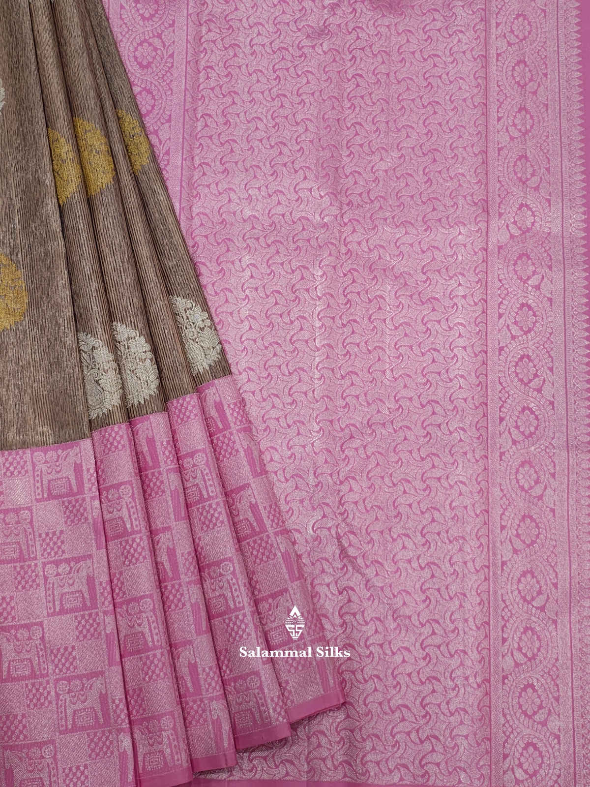 Kanjivaram Korvai Peach Brown Pure Silk Saree With One Side Baby Pink Border