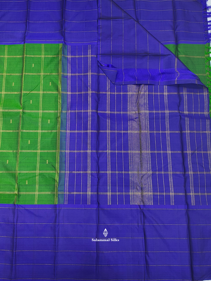 Kanjivaram Pure Silvar Zari Olive Green Cheks Pure Silk Saree With Royal Blue Border