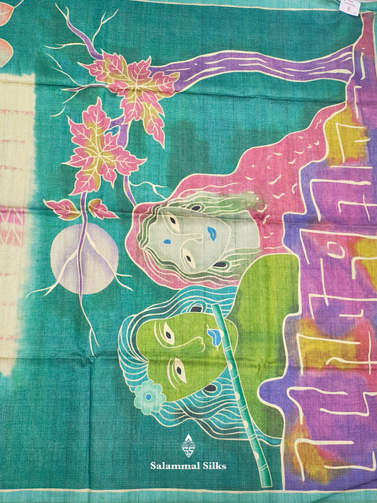 Cream With Sea Green Beautiful Kalamkari Fancy Saree With Blouse