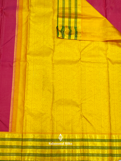 Kanjivaram Reddish Pink Traditional Pure Silk Saree With Mango Yellow Border