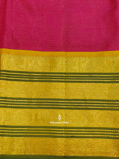 Kanjivaram Reddish Pink Traditional Pure Silk Saree With Mango Yellow Border