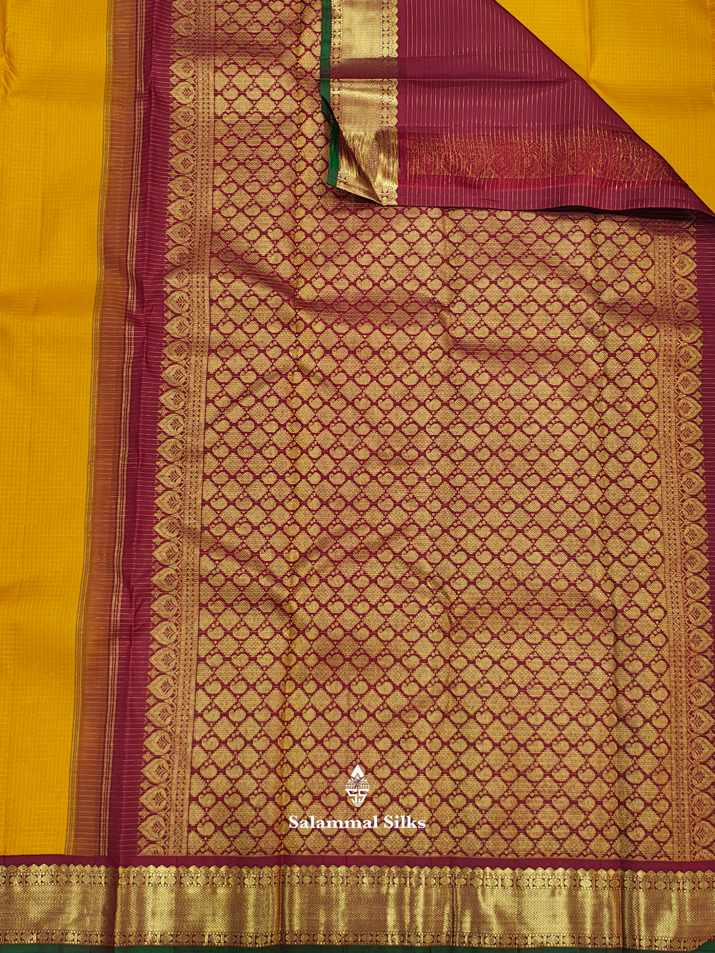 Kanjivaram Korvai Mango Yellow Checks Traditional Pure Silk Saree With MaroonBorder