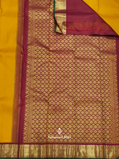 Kanjivaram Korvai Mango Yellow Checks Traditional Pure Silk Saree With MaroonBorder
