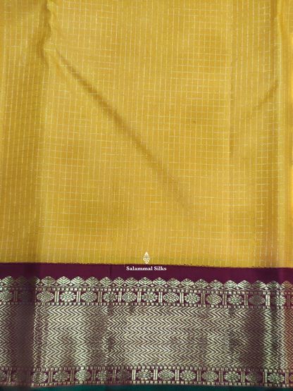 Kanjivaram Korvai Mango Yellow Checks Traditional Pure Silk Saree With MaroonBorder